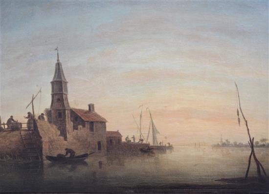 19th century Dutch School Estuary scene at sunset, 12.5 x 17in.